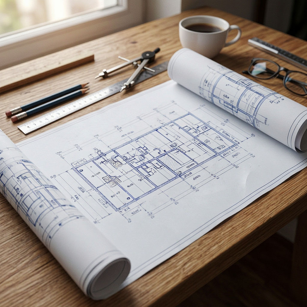 Architectural plans on a desk